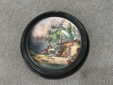 Vintage Antique Framed Round Porcelain Plaque / Saucer w/ Farming Scene Animals picture