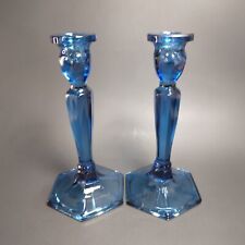 2 Vtg Fenton Sapphire Blue Glass Candlestick Holders Classic Hexagon Base 8.5