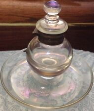 Antique Inkwell ~ Clear  Glass Reddish/Purple Tint noted  Brass Hinged Lid    picture