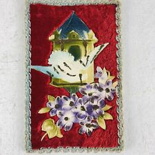 Vintage Antique Embossed Postcard Purple Flowers Bird Red Fabric picture