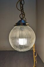 Vintage Clear Ribbed Holophane Glass Globe Swag Pendant Light - Hanging Chain picture