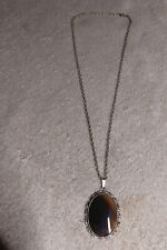 Vintage Costume Jewelry Necklace Polished Brown Agate Stone Pendant 24