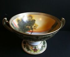 ANTIQUE NIPPON SIGNED Compote Fruit Bowl Hand Painted SWAN LAKE w Greek Key Gold picture