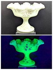 Fenton Custard Satin Compote Uranium Glass Glows Signed MB Metzger Hand Painted picture