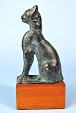 ANCIENT EGYPTIAN CAT GODDESS BASTET VERDIGRIS BRONZE METAL FIGURINE ON WOOD BASE picture