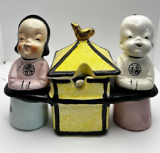 Vintage Asian Condiment Set Salt & Pepper Shakers Spoon Man Woman Marked picture