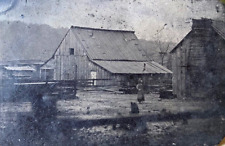 RARE CIVIL WAR ERA CALIF. HOMESTEAD, CABIN, WOOD CHIMNEY, 1860's TINTYPE PHOTO picture