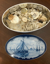VINTAGE W. GERMANY DELFT BLUE TIN W/ OLD SHELL MOP BUTTONS picture