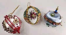 Lot 3 Vintage Handmade Push Pin Beaded Sequin CHRISTMAS Ornaments Balls ESTATE picture