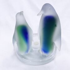 Penguin Tealight Candle Holder Party Lite Frosted Clear Blue Green Glass Votive picture