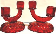 Pr Ruby Red FOSTORIA DOUBLE CANDLEHOLDERS Elegant Glass Candlesticks Swirls picture