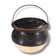 Bohemian Brown Tan Bean Pot Stoneware Kitchen Pot w/ Lid attr. Zanesville picture