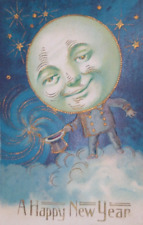 1910s Anthropomorphic Man On The Moon Stars Antique Vintage New Year Postcard picture