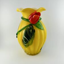 Yellow Cased Glass Vase Hand Blown Applied Rose Vine Swirl 8 In. Bouquet READ picture