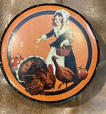 Antique Vintage Tindeco 4” Thanksgiving Candy Tin Pilgrim Girl Turkey Autumn picture