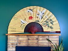 Vintage HUGE Asian Hand Painted Fold Out Fan ~ Wall Art ~ 65” x 35” picture