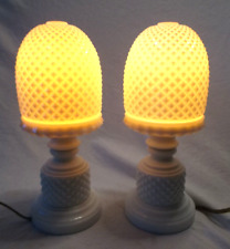 Vintage Pair Of English Milk Glass Hobnail Diamond Point Boudoir lamps Lights picture