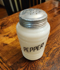 Hazel Atlas Pepper Shaker White Milk Glass Black Lettering Beehive Shape Ribs picture