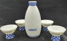 vintage Sake Set 4 Cups & Sake Bottle Blue and White Porcelain Ozeki Japanese picture