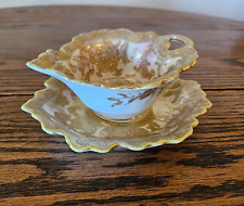 Antique Nippon Hand Painted Gold Leaf Porcelain Sauce / Gray Boat & Underplate picture