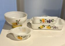 Vtg Milk Glass Fire King Gay Fad Fruit Ovenware Casserole Dish Set Hand Painted picture