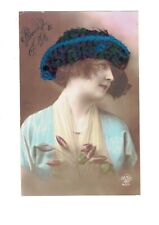 SD2096  RARE WOMAN  WITH REAL FEATHER HAT FASHION EARLY RPPC HAND. COL picture