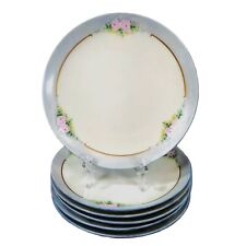 6 Dessert Plates Pink Roses Blue Rim Gold Accents Painted Signed M. S. Gould picture