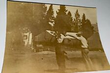 Rare Antique Western American Campsite Man & Bear Walking Trick Snapshot Photo picture