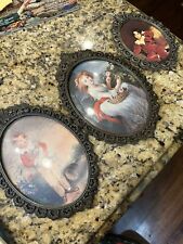 3 Vintage Oval Brass Colored Metal Framed Portraits Convex Glass Made in Italy. picture