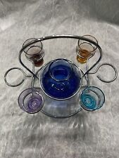 vintage hand blown glass bar set with decanter 4 Shot Glasses and metal carrier picture