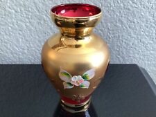 Mario Sanzogno Ruby Red Murano Glass Vase 24K Gold with Raised Enamel Flowers picture