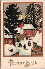 1937 French HAPPY NEW YEAR Embossed Postcard Winter Church Scene HEUREUSE ANNEE picture