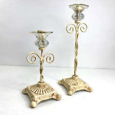 VTG Distressed Candle Holders Set of 2 Heavy Wrought Iron Off White For Tapers picture