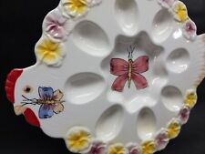 Vtg Deviled Egg Ceramic Platter Tray Chicken Hen Shape Butterflies Floral 8 Slot picture