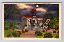 Richmond VA-Virginia State Capital & Washington Statue At Night Vintage Postcard picture