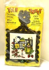 Vintage Cast Iron Black Rooster Trivet With Wine Cheese Tile -Artmark picture