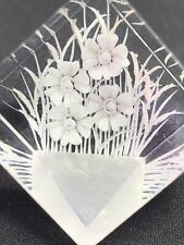 Vintage Reverse Carved Clear White Floral Lucite Square Mini Paperweight picture