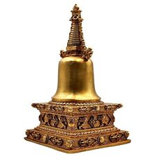 Tibetan Antique Finish Copper Décor Buddhist Gold Stupa Statue Nepal Collectible picture