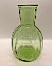 Vintage Green Glass Vase Etched Grapes Vaseline Depression Ribbed 5.75