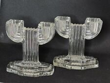 2 Antique Art Deco Glass Double Cactus Candelabra Candlestick Holder 4.5in picture