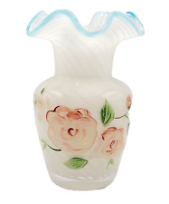 Fenton Vase For Teleflora Ruffled Top Glass Hand Painted Flowers Art Glass Vase picture