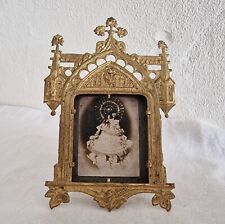 Antique traveling chapel of Virgin and Child. Gilded brass and albumen picture
