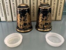 Vintage Grecian Salt & Pepper Shakers, Gold Scene on Black, 3.5