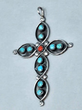 Large Vintage Navajo Sterling Silver Red Coral & Turquoise Cross Pendant picture