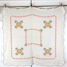 Vintage Linen Cross Stitch Tablecloth Orange Floral Scalloped Edge Square 38