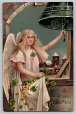 1911 Good Luck Angel Gold Coins Clovers Bell Happy New Year Antique Postcard picture