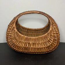 Vtg Woven Oval Brown Basket Farmhouse Wicker Reed Round Handle 10” Home Decor picture