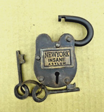 Small Padlock Antique Rustic Finish Steel Lock w/ 2 Keys New York Insane Asylum picture