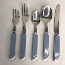 Vintage Stainless 20 Piece Set Flatware Blue White Striped Plastic Handle Rare picture