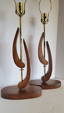 Pair Vtg Mid Century Modern Solid Wood & Brass Modeline Style Table Lamps picture